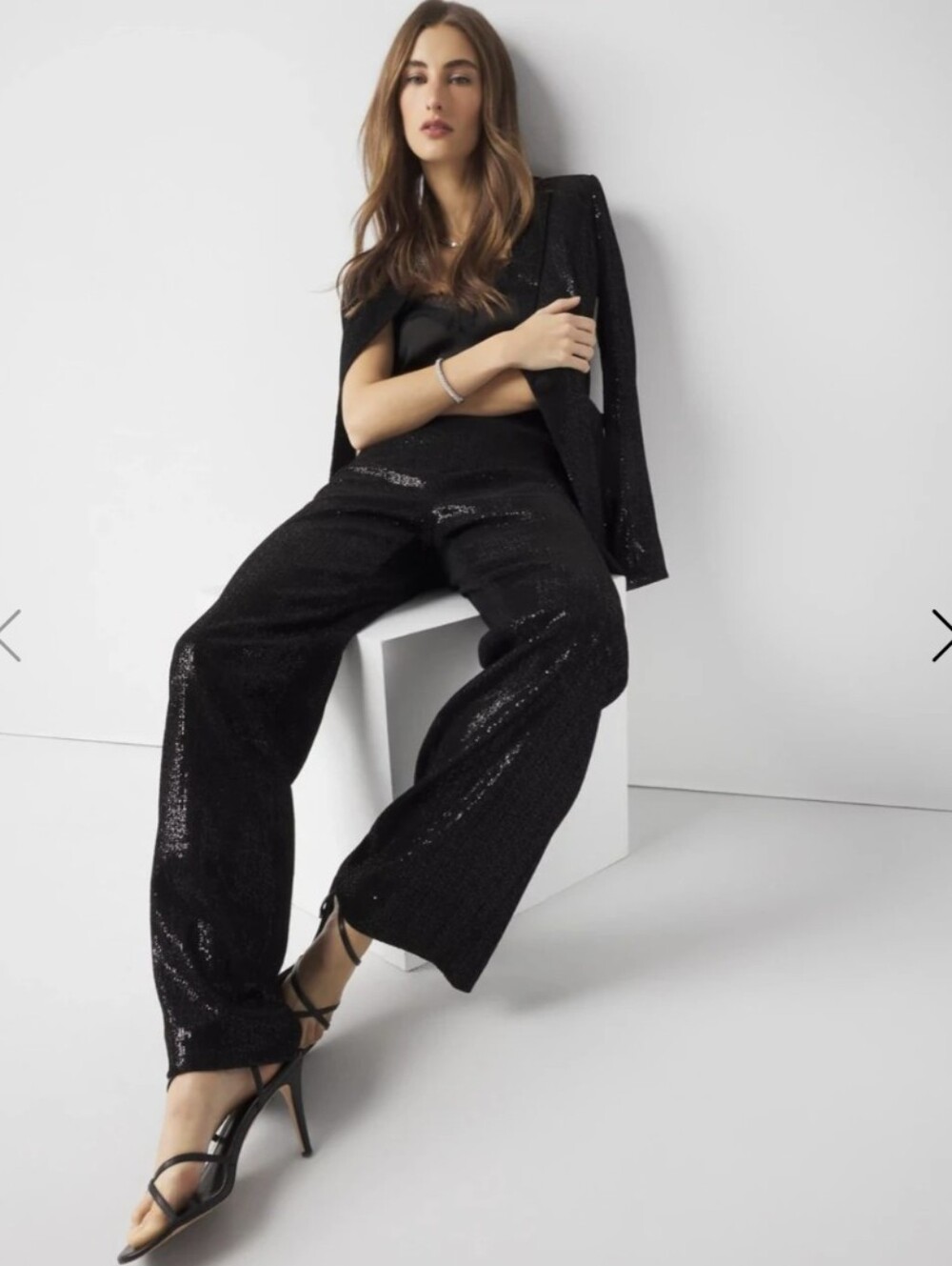 WHBM White House Black Market Black Sequin Wide Leg Pants Size 6